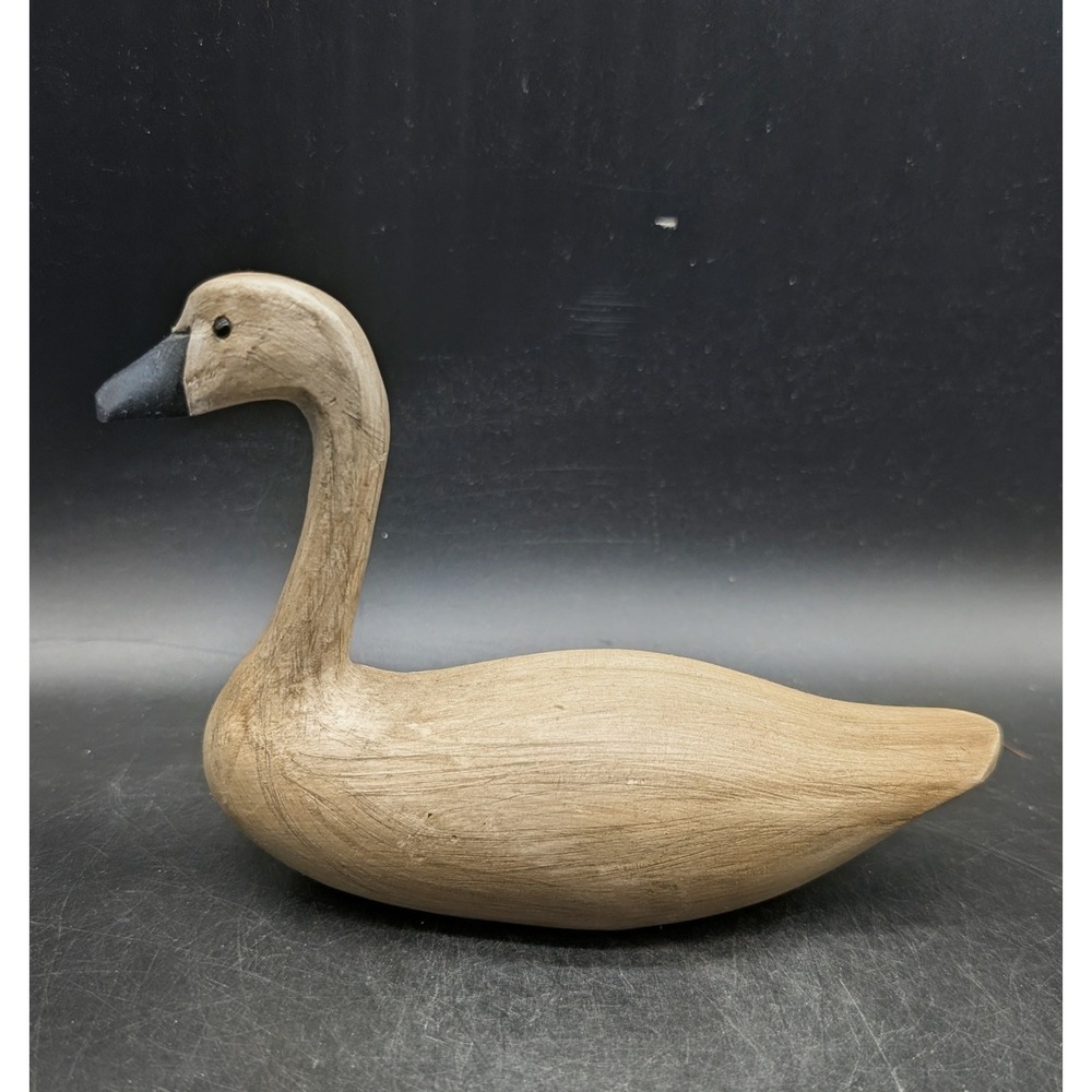 Hand Carved Wooden Swan Decoy Folk Art Figurine Rustic Neutral Decor